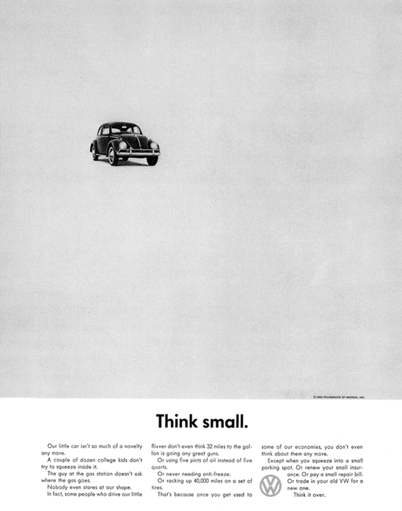 A magazine reprint of Volkswagen’s Think Small ad, with a small Beetle above the headline and three columns of copy.